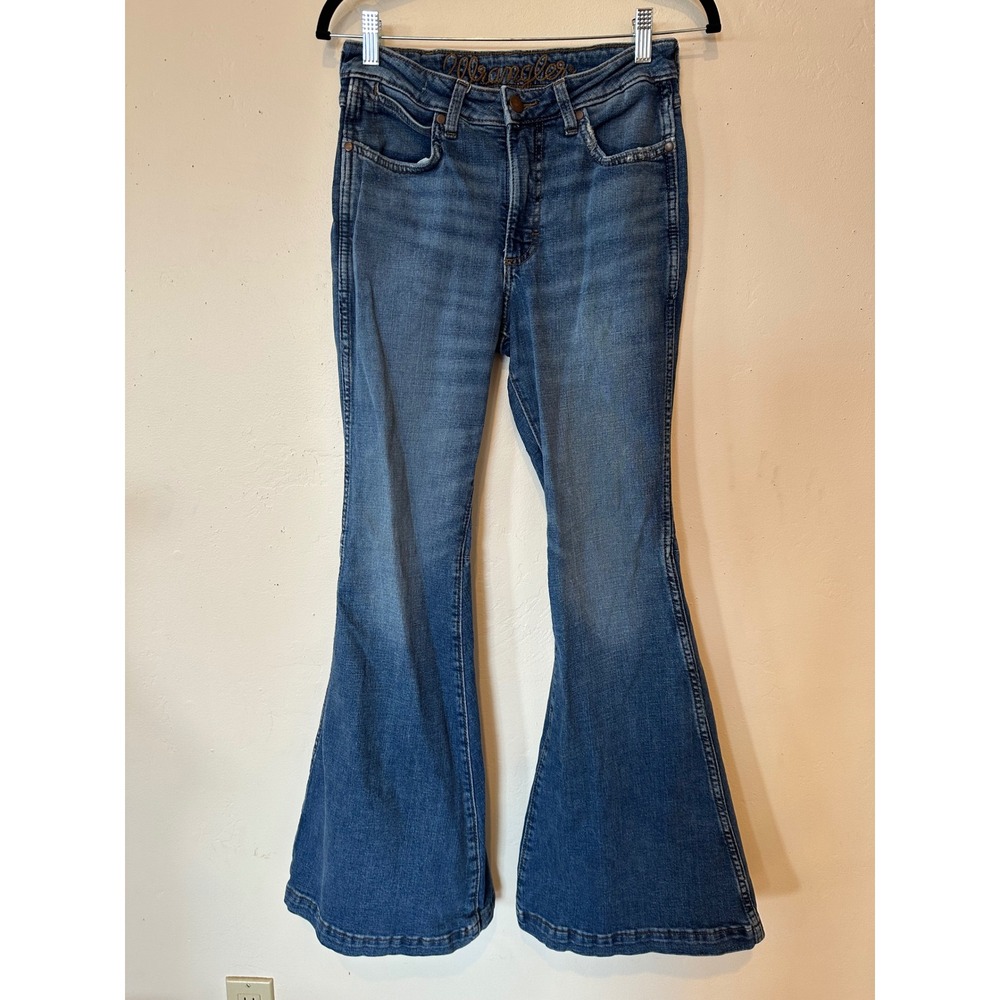 Wrangler Womens High Rise Bell Bottom Flare Jeans Medium Wash Blue Denim Retro